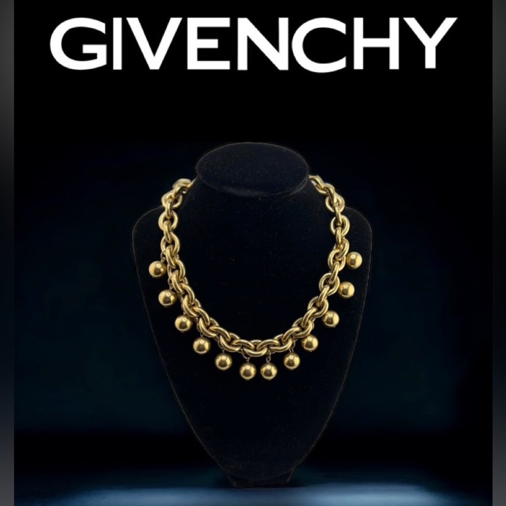 Vintage Givenchy Signed Gold Metal Chain and Ball Pendant Necklace.